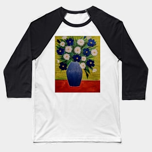 Some blue and white flowers in a metallic blue vas Baseball T-Shirt